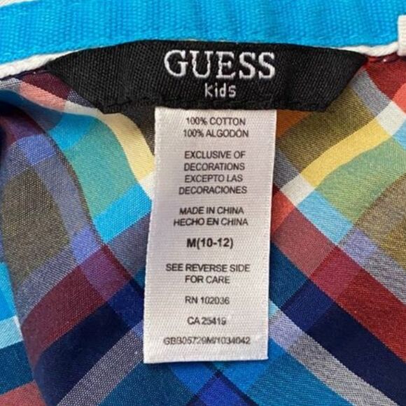 Guess Kids 100% Cotton Plaid Button Down Shirt Boys Size M 10-12 - Picture 3 of 4